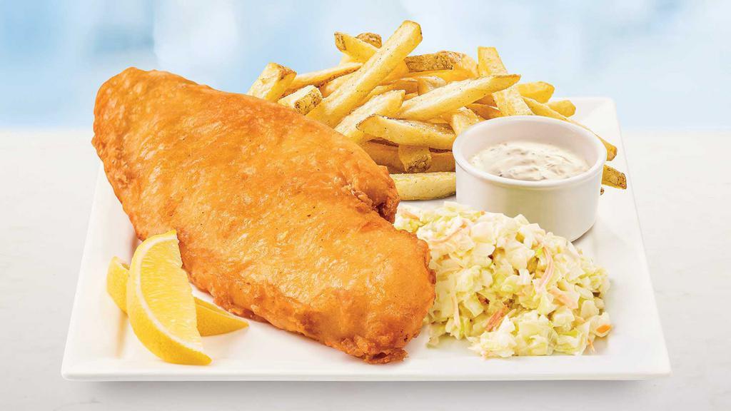Large Fish Fry · Battered haddock comes with cole slaw, fries, and roll. Served hot.