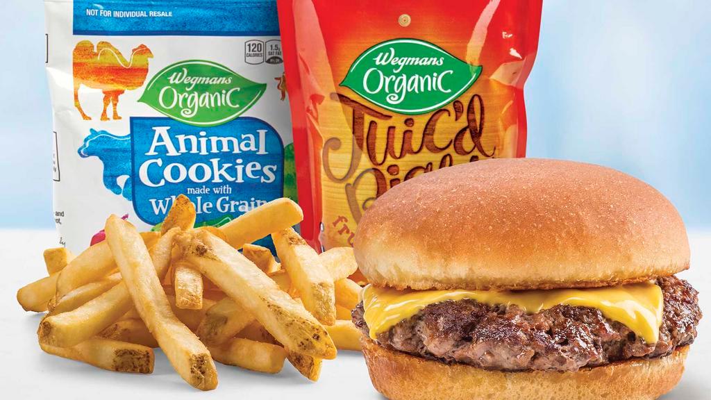 Kid'S Cheeseburger Meal · A delicious kid-sized beef cheeseburger from The Burger Bar, served on a classic bun with your choice of a small side, organic juice pouch, and Wegmans animals cookies. Cheeseburger is cooked through..