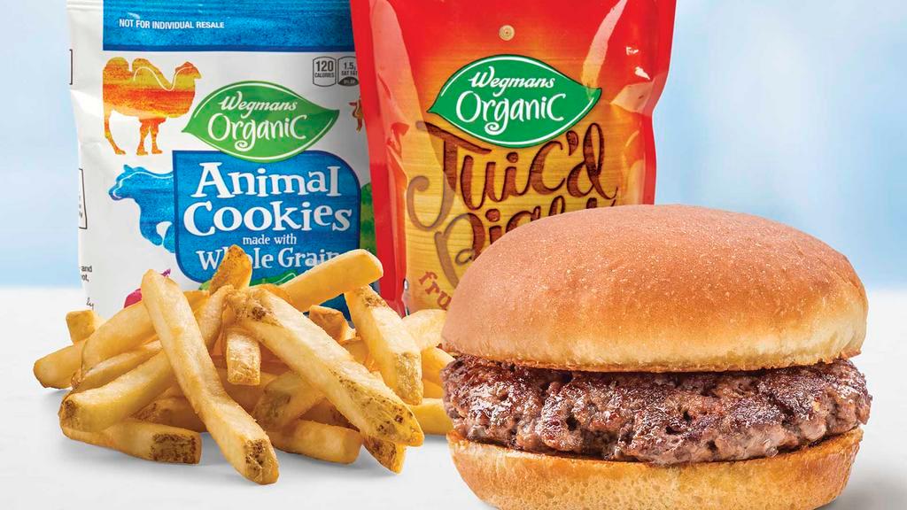 Kid'S Hamburger Meal · A tasty kid-sized beef burger from The Burger Bar, served on a classic bun with  your choice of a small side, organic juice pouch, and Wegmans animals cookies. Hamburger is cooked through.