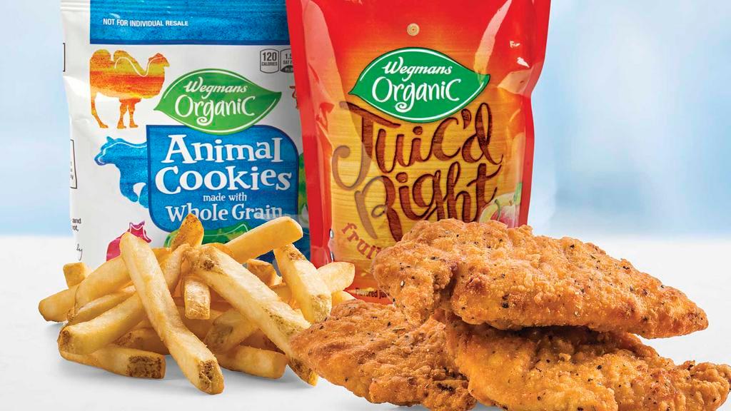 Kid'S Chicken Fingers Meal · Crispy fried chicken tenders from The Burger Bar, accompanied by your choice of dipping sauce, a small side, organic juice pouch and Wegmans animal cookies. .