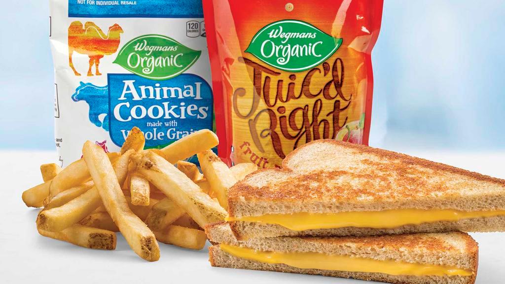 Kid'S Grilled Cheese Meal · A classic grilled cheese sandwich from The Burger Bar with your choice of a small side, organic juice pouch, and Wegmans animal cookies. .