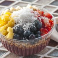Acai Bowl · Strawberries, blueberries, pineapple, banana, honey, coconut, granola.