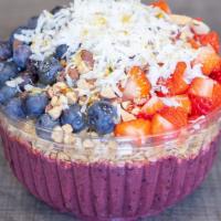 Health Bowl · Base: mixed berries & whey protein.
Toppings: granola, strawberries, blueberries, almonds, c...
