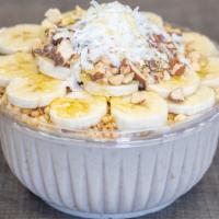 Almond Joy Bowl · Base: bananas, whey protein, coconut
Toppings: banana, almonds, coconut, honey, granola