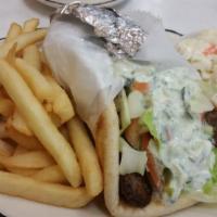 Beef Or Chicken Gyro · Pita Bread Stuffed with Beef or Spicey Chicken,
Lettuce, Tomatoes, Onions & Tzatziki Sauce