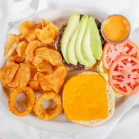 Avocado Crunch Burger · Melted american cheese, oscar's delicious sauce on the side, sliced avocado & our crispy hou...