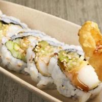Crunchy Shrimp Roll · Tempura'd imitation shrimp, asparagus, cucumber, and drizzled with sweet sauce.