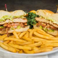 Chicken Cutlet Blt Sandwich · Crispy golden brown chicken cutlet with bacon, lettuce, tomato, avocado, and horseradish may...