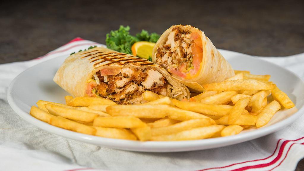 Chicken Cutlet Blt Wrap · Crispy chicken cutlet sliced thin with bacon, shredded lettuce, tomato, American cheese, and horseradish mayonnaise. Served with French fries.