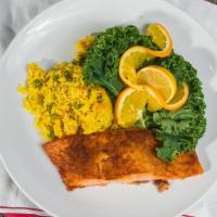 Broiled Filet Of Salmon · Served with salad, potato, and vegetable.