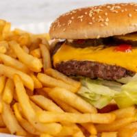Double Cheeseburger · With French fries and can of soda.
