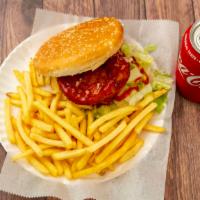 Chicken Sandwich Combo · Includes burgers fries and a can soda of your choice.