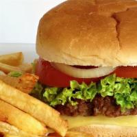 Classic Cheeseburger · 5oz. Beef Burger, Lettuce, Tomato, Onion, American Cheese, Pickles, Brioche Bun. Served with...
