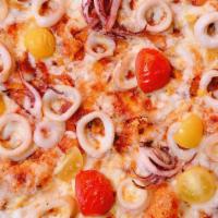 Calamari Pizza · Calamari Rings & Tentacles, Cherry tomato, Arrabiata Sauce, Mozzarella Cheese lemon zest