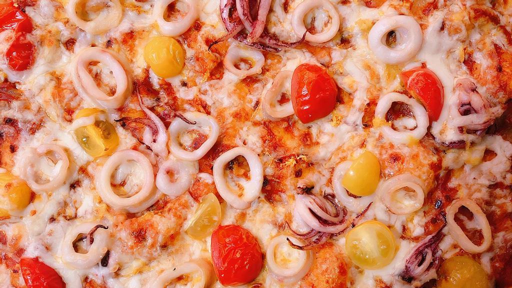 Calamari Pizza · Calamari Rings & Tentacles, Cherry tomato, Arrabiata Sauce, Mozzarella Cheese lemon zest