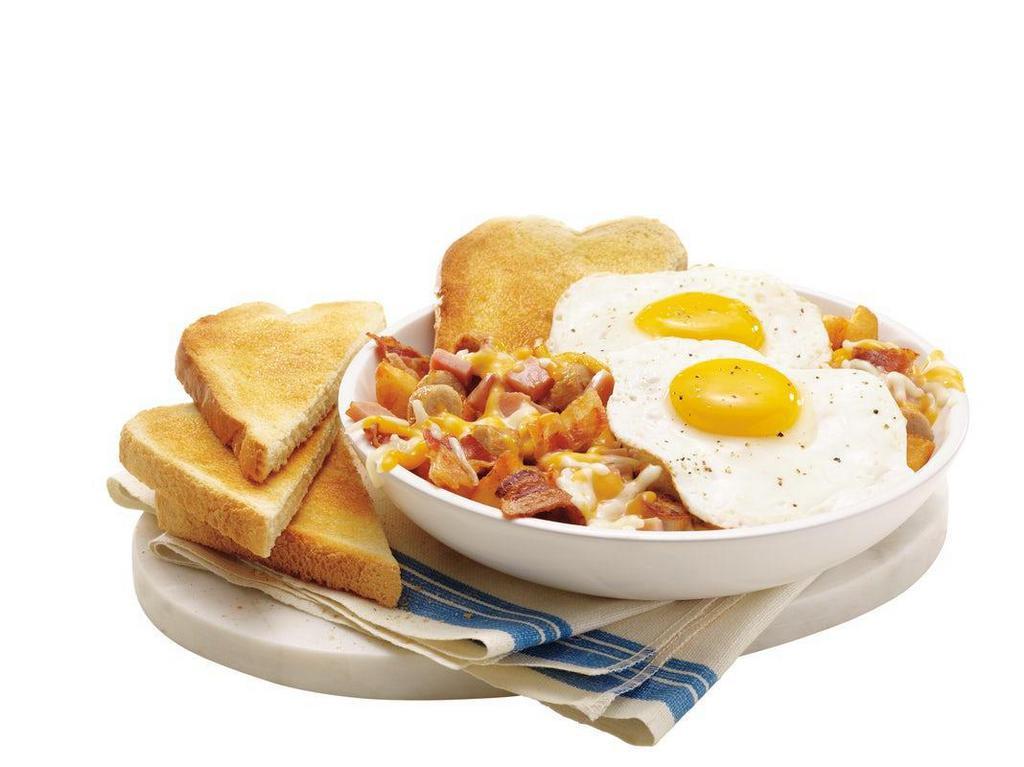 New! Meat Lover'S Breakfast Bowl · Everything you want in one place.  Choose 2 eggs†, with Applewood-smoked bacon, sausage, ham and home fries.  We'll top it with Monterey Jack and Cheddar cheese and you'll dig in.