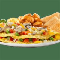 Garden Vegetable Omelette · Scrambled eggs† with a medley of tomatoes, green peppers, onions, mushrooms, and Shredded Mo...