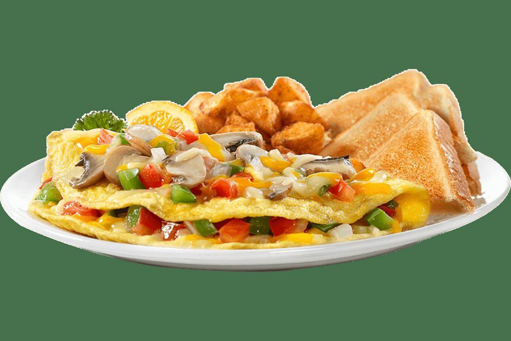 Garden Vegetable Omelette · Scrambled eggs† with a medley of tomatoes, green peppers, onions, mushrooms, and Shredded Monterey Jack & Cheddar cheeses.
