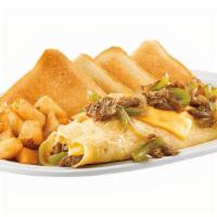 Philly Steak & Cheese Omelette · Filled with shaved sirloin steak, sautéed onions, green peppers and melted American cheese.