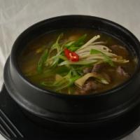 Bulgogi Soup · Bulgogi, vegetable. rice cake glass noodles and mushroom soup.