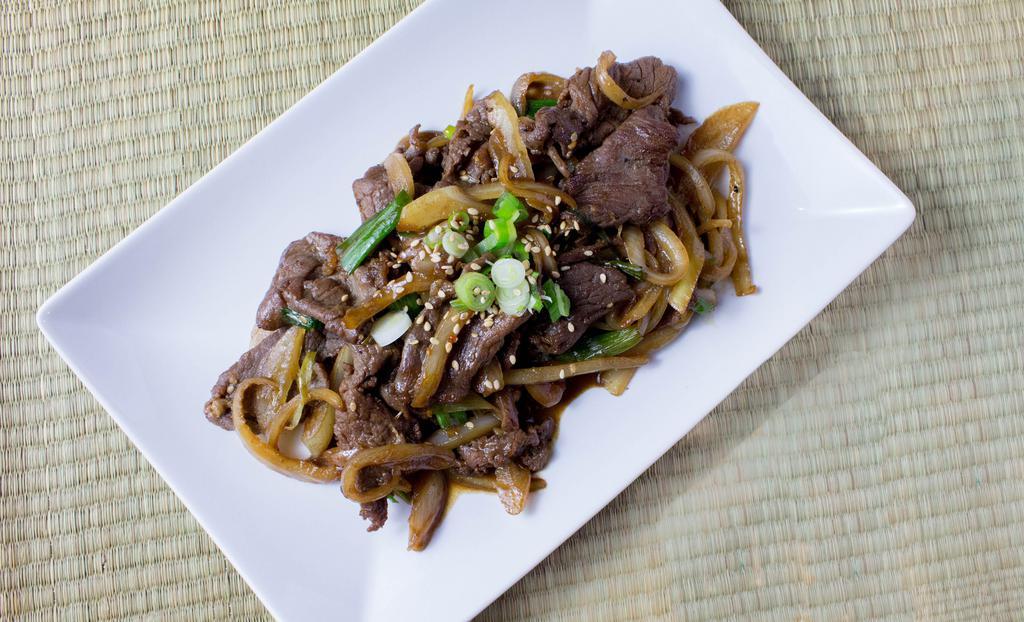 Bulgogi · Marinated thinly sliced ribeye stir-fried with onions and scallions. Add over rice on hot stone bowl & egg for an additional charge.