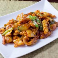 Stir Fried Spicy Squid · Stir-fried spicy squid and vegetables. Add over rice on hot stone bowl & egg for an addition...