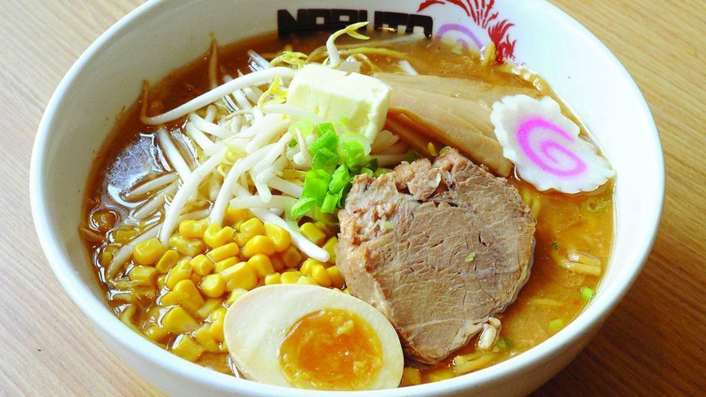 Miso Ramen & Small Appetizer · Miso based noodle soup with bean sprouts, fishcake, bamboo shoots, soft boiled marinated egg, scallion, butter, corn and roasted pork or chicken breast. (Pork and Chicken Broth) 
Choice of a small appetizer.
