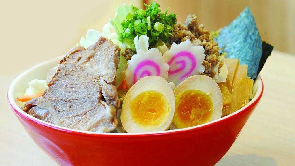 Mega Naruto Ramen & Small Appetizer · Soy sauce based noodle soup with bean sprouts, bamboo shoots, fishcake, stir fried vegetables, soft boiled soy marinated egg, scallion, minced pork, and roasted pork or chicken breast. (Pork and Chicken Broth) 
Choice of a small appetizer.