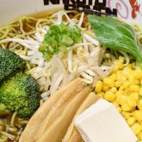 Veggie Ramen (Shoyu) & Small Appetizer · Veggie based noodle soup with broccoli, bean sprouts,
scallion, bok-choy, bamboo shoots, cor...