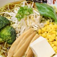 Veggie Miso Ramen · Vegetable based noodle soup with broccoli, bok choy, tofu, scallion, beansprout, bamboo shoo...