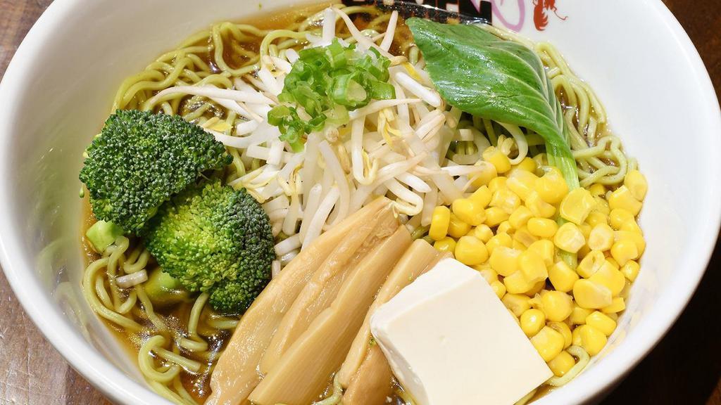 Veggie Miso Ramen · Vegetable based noodle soup with broccoli, bok choy, tofu, scallion, beansprout, bamboo shoot, and corn. Spinach noodle. (Miso Flavor)