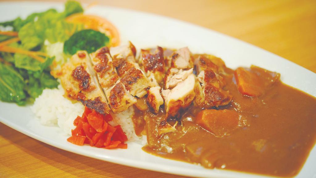 Grilled Chicken Curry Platter · Grilled chicken with curry, rice and a side of salad