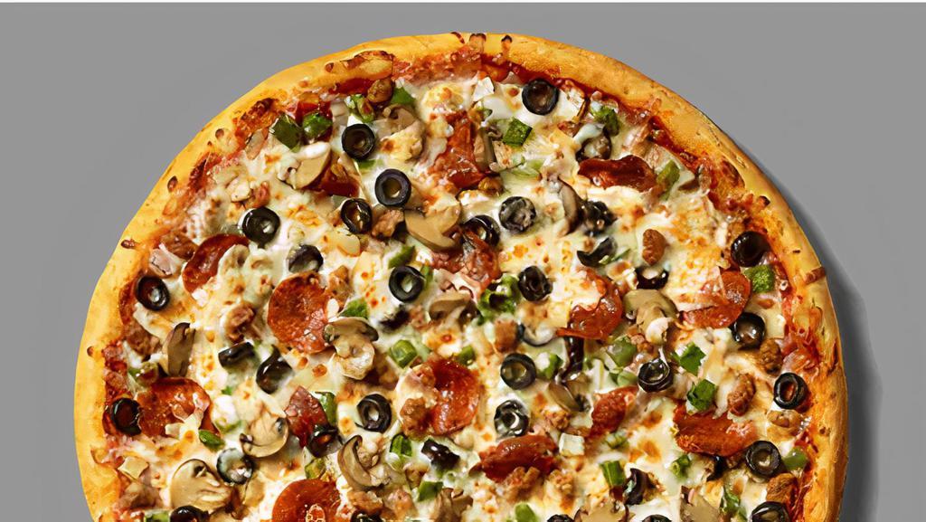Supreme Pizza · Fresh onions, roasted peppers, mushrooms, broccoli, olives, pepperoni, and sausage.