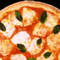 Margherita Pizza · Fresh cut tomatoes, a drizzle of olive oil, fresh mozzarella, and basil.