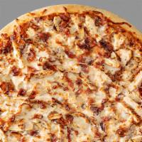 Bbq Chicken Pizza · Bbq sauce, grilled chicken, bacon, cheddar, and mozzarella.