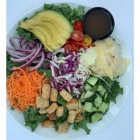 To Kale For · Grape tomatoes shredded carrots cucumbers red onions croutons avocado kale cabbage parmesan ...