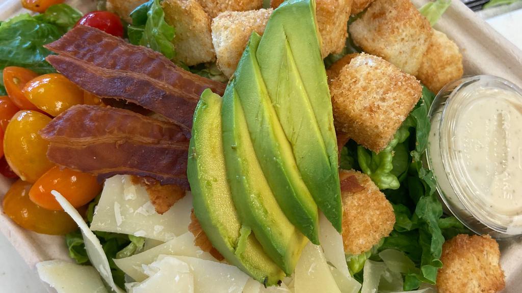 Blt Caesar (Small) · Romaine, grape tomatoes. avocado, bacon, croutons, parmesan cheese and caesar dressing.