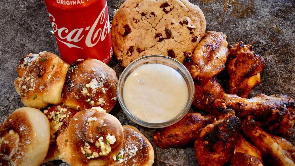 8 Wings, 6 Garlic Knots & 2 Dips + 1 Drink + 1 Dessert · Jumbo, fresh, roasted wings with our freshly made Garlic Knots, 1 drink & 1 dessert. Choose one flavor.