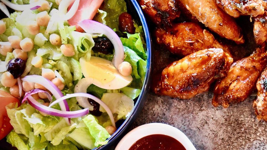 8 Wings, Garden Fresh Salad & 2 Dips · Jumbo, fresh, roasted wings with our Garden Fresh Salad. Choose one flavor.