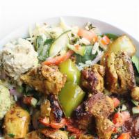 Chef'S Favorite · spinach, white rice, chicken kebab, turkish salad,  lebanese tabbouleh, cilantro hummus, bab...