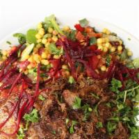 The Classic · white rice, shredded lamb, turkish salad, lebanese tabbouleh, israeli couscous, spicy hummus...