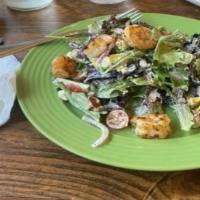 Shrimp Salad · Mix Greens, Cucumber, Tomatoes, Onions, Lemon/Lime, Fried Garlic, Olive Oil, Feta Cheese