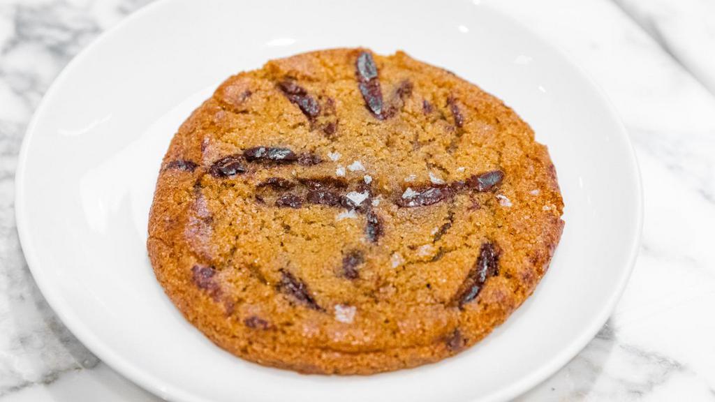 Chocolate Chip Sea Salt Cookie · Dark chocolate pieces and slivers baked into a soft cookie topped with Maldon sea salt flakes