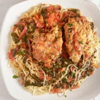 Chicken Limone · French style chicken, spinach, tomatoes, capers, lemon butter sauce, angel hair.