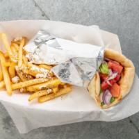 Gyro · Wrap with lettuce, tomato, onion, tzatziki and house marinade served with a side of Greek fr...