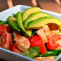 Grilled Shrimp Avocado Salad · Mix greens, red onions, plum tomato and sliced avocado.