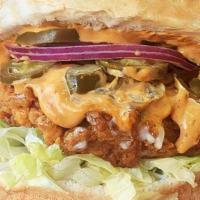 Spicy Chicken Sandwich · Your favorite style of chicken, onions, jalapenos, fresh lettuce, and chipotle mayo on a but...