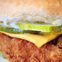 Chicken Cheese Sandwich · Your favorite style of chicken, melted American cheese, pickles, tomatoes, fresh lettuce, an...