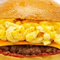 Mac Attack Burger · Mac & Cheese, Chipotle Ketchup, Cheddar Cheese on a Brioche Bun.