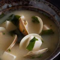 Miso Soup · with Tofu and Mahogany Clams. Gluten free.